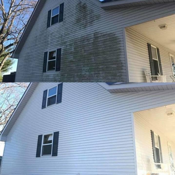 Before-After Photo of the side of a house along with cleaned windows